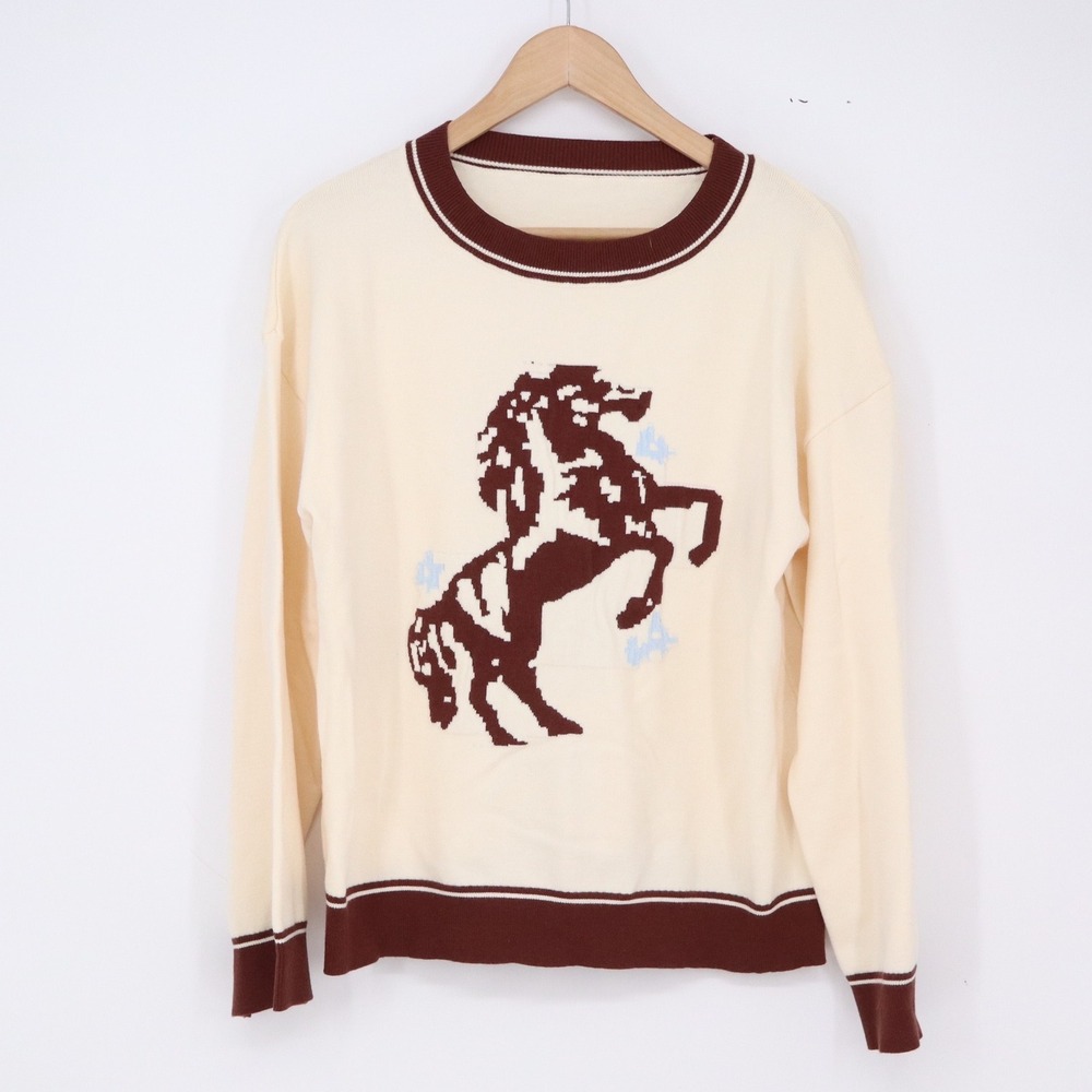 Unbranded Sweater Womens M Graphic Horse Cream Brown Intarsia Knit Excellent